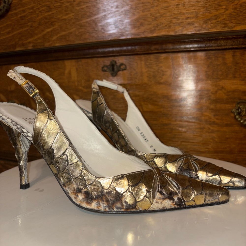 Stuart Weitzman Metallic Python Slingback Heels 6M Gold Bronze Spain
